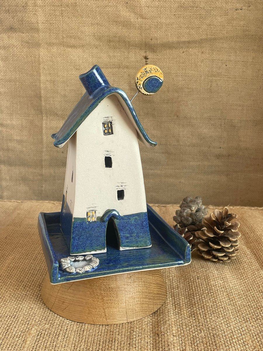 handmade ceramic tea light house, blue house, incense house, moon, moon pool 