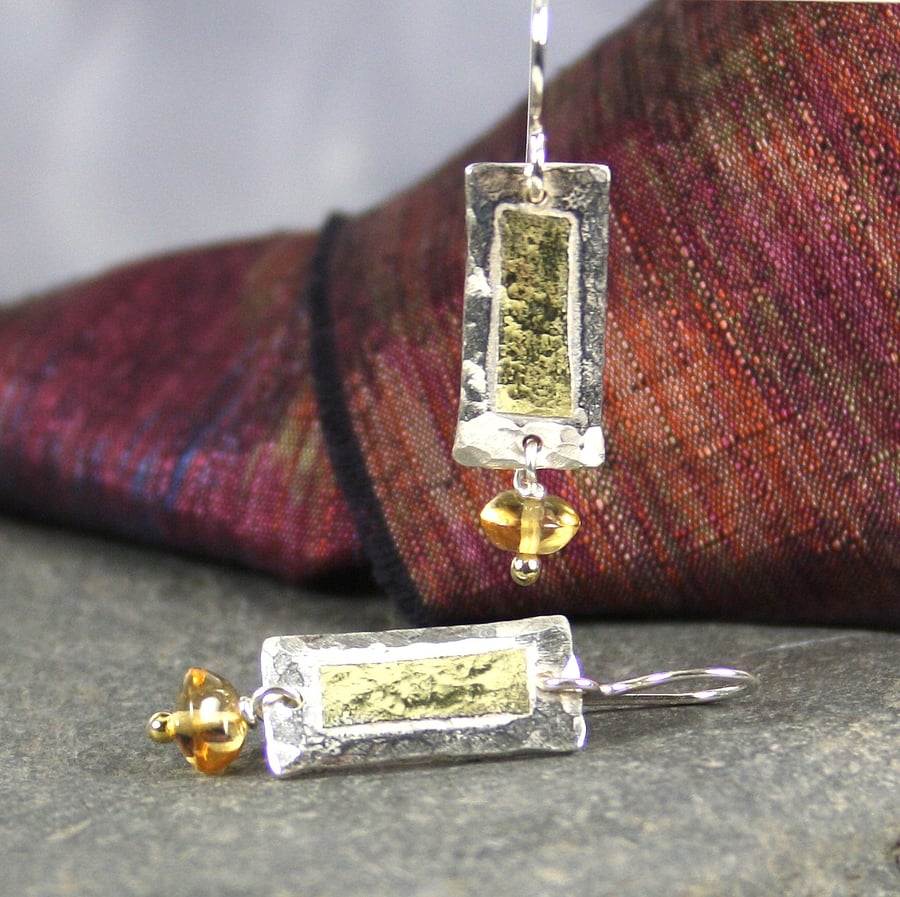 Silver ,18ct gold and Citrine rectangular earrings. 