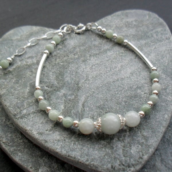 Burmese Jadeite Gemstone Sterling Silver Stacker Style Bracelet 