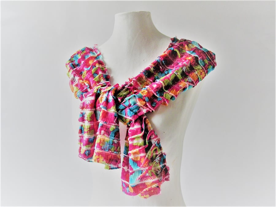 Crimson Pink Floral Scarf, Summer and Spring Fashion accessory, softly ruffled