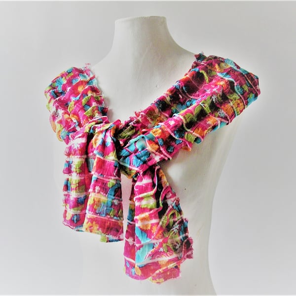 Crimson Pink Floral Scarf, Summer and Spring Fashion accessory, softly ruffled