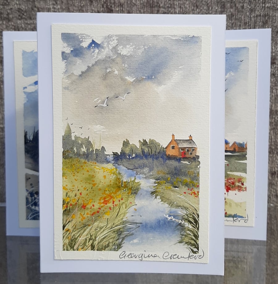 Beside The Stream. Blank Card. Original Painting of a Countryside Cottage