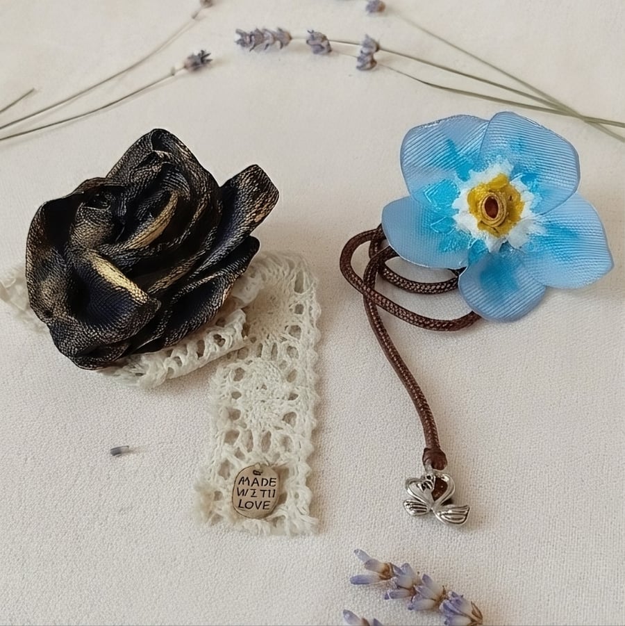 Handcrafted Bookmark Duo Set - Gold Rose Blue Forget Me Not Shabby Chic ...