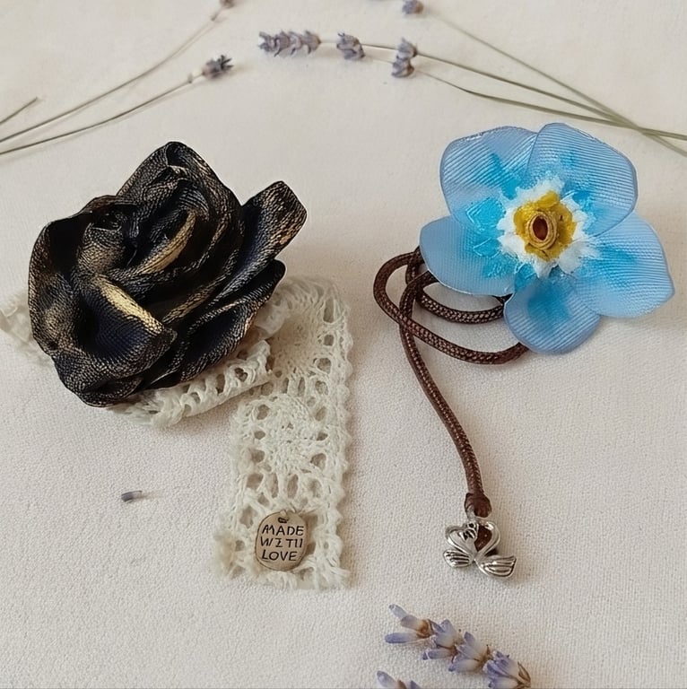 Handcrafted Bookmark Duo Set - Gold Rose Blue Forget Me Not Shabby Chic Gift