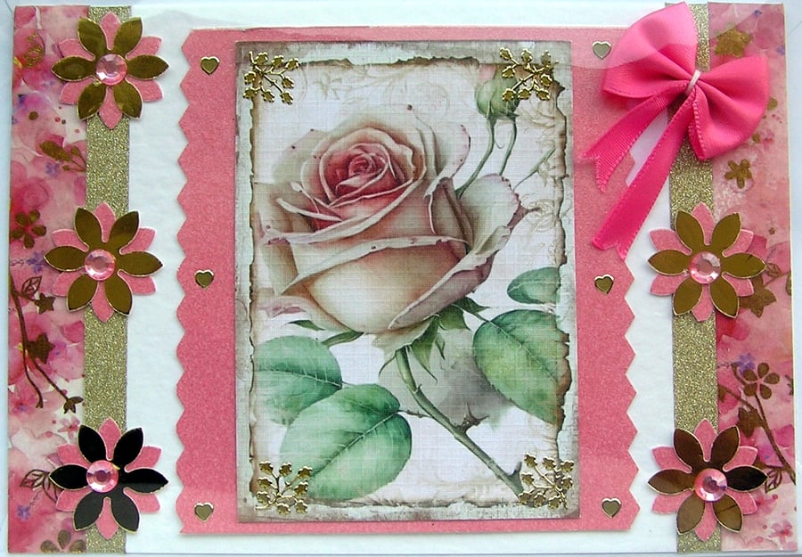 Pink Rose Flower Hand Crafted Decoupage Greeting Card - Blank (2570)