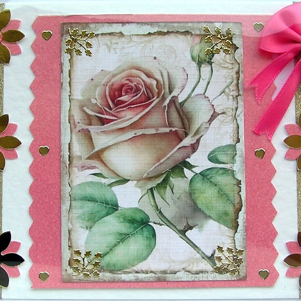 Pink Rose Flower Hand Crafted Decoupage Greeting Card - Blank (2570)