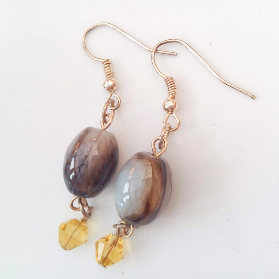 Charcoal Grey Puffed Oval Agate Bead with A Yellow Crystal Bead Earrings