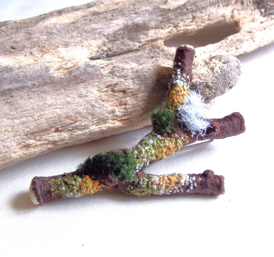 Handmade Twig Stick Pin, Hand Embroidered with Moss & Lichen, Nature Inspired 