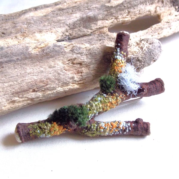 Handmade Twig Stick Pin, Hand Embroidered with Moss & Lichen, Nature Inspired 