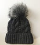 READY TO SHIP Faux Fur Pom Pom Knitted Wool Hat Dark Grey Cables Cabled Beanie  - Image 2