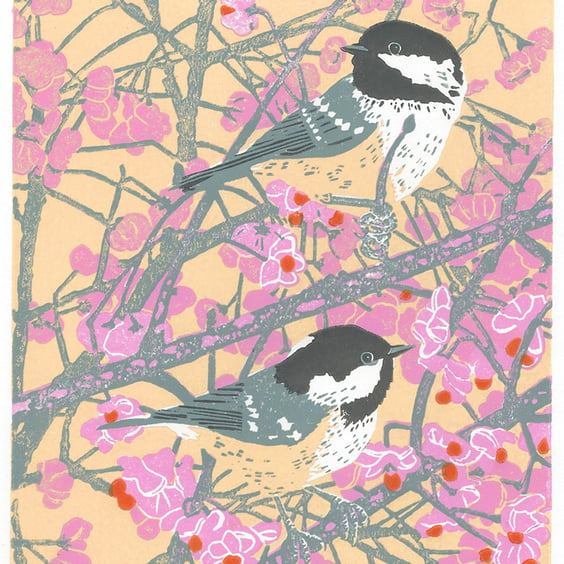 Spindle Tree Coal Tits - Original hand cut limited edition linocut print