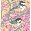 Spindle Tree Coal Tits - Original hand cut limited edition linocut print