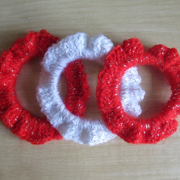 Set of 3 Sparkly Crochet Scrunchies, red and white