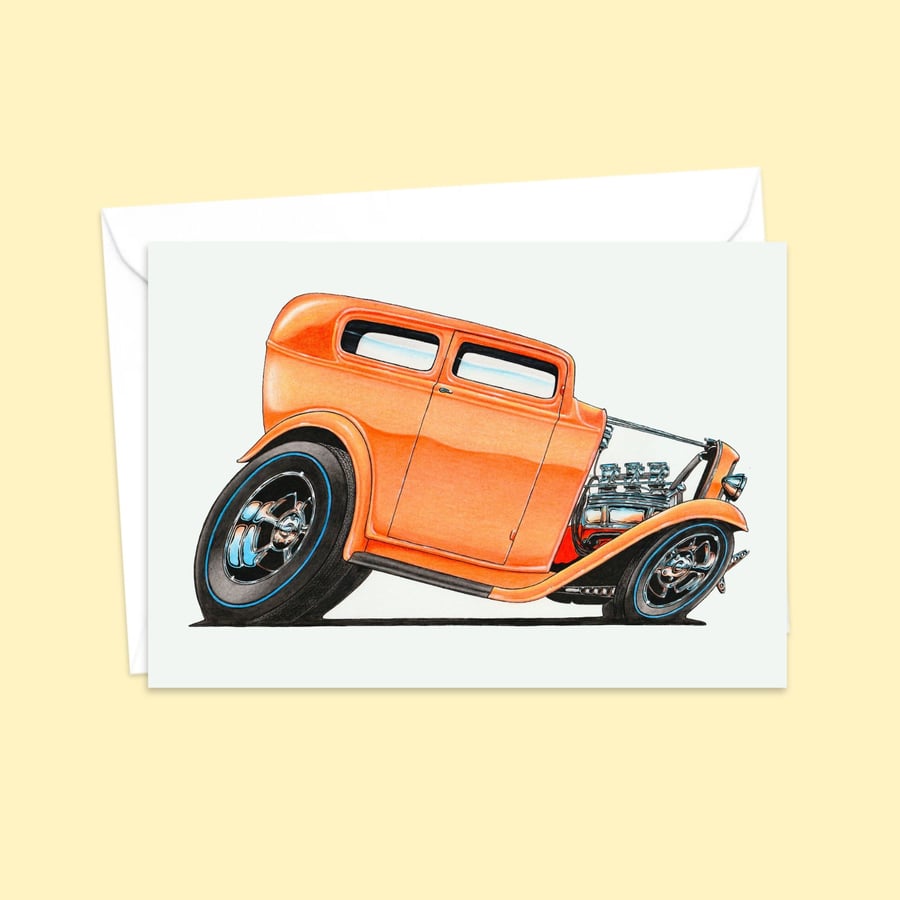 American Hot Rod Greeting Card: Detailed Custom Car Illustration (407)