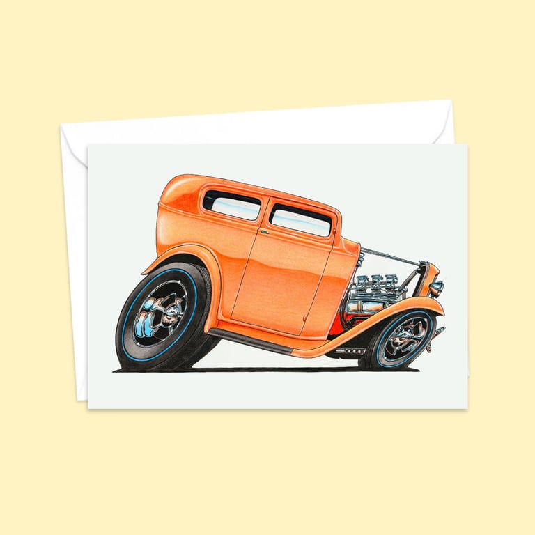 American Hot Rod Greeting Card: Detailed Custom Car Illustration (407)