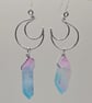 Silver crescent moon wire dangle earrings, with blue pink raw quartz points - Image 5