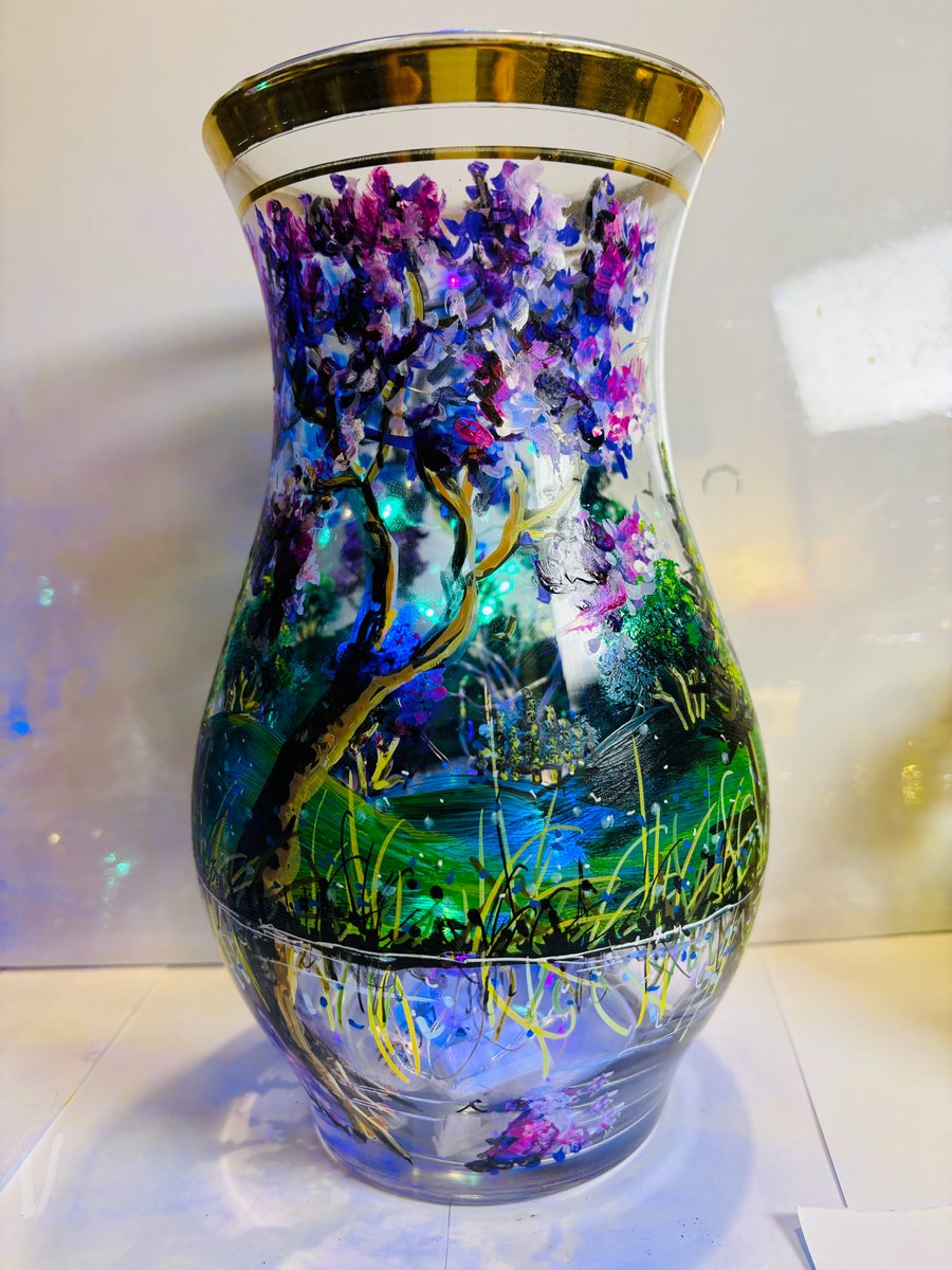 A hand painted and fired glass vase by Andrew Jenkins 