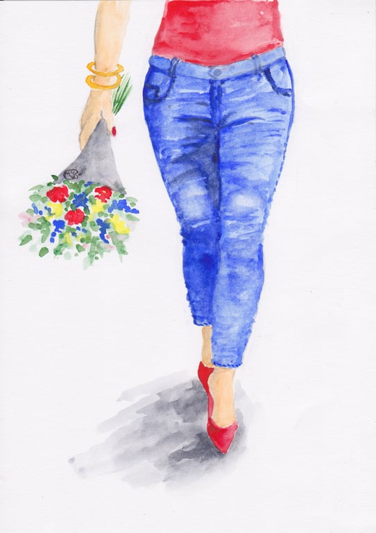 Flower Bouquet and Girl in Jeans original painting 