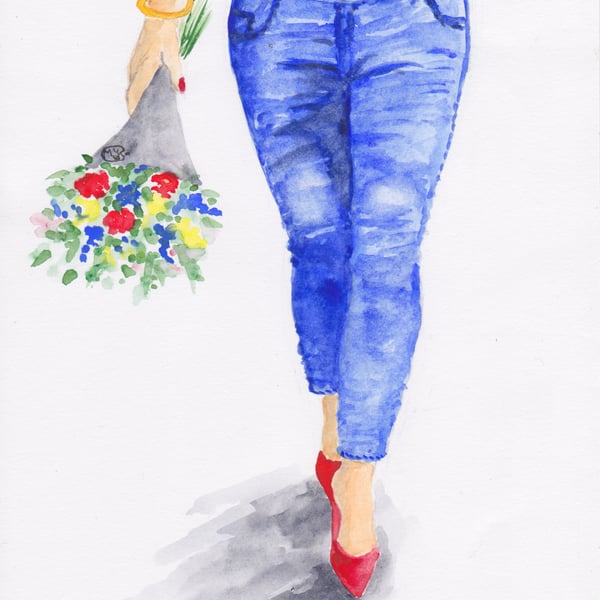 Flower Bouquet and Girl in Jeans original painting 