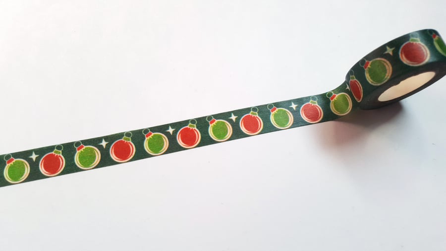1 x 10m Roll Adhesive Craft Washi Tape - 15mm - Christmas Baubles - Green & Red 