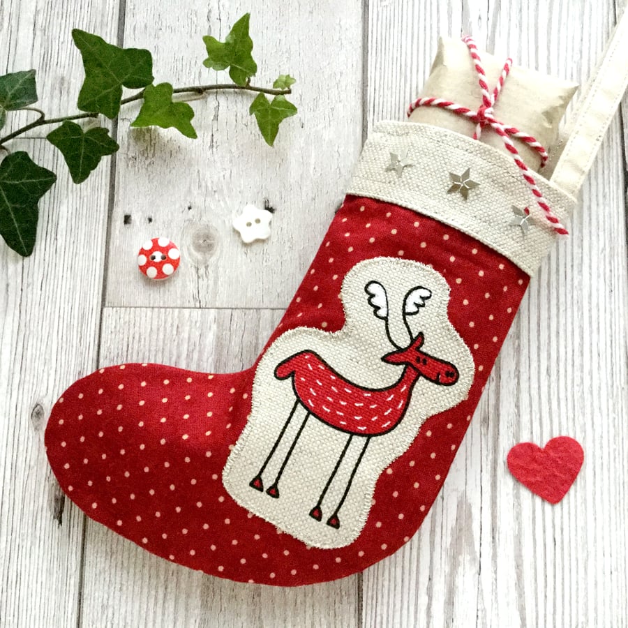 Jolly Red Reindeer Mini Stocking. Reindeer Decoration. Christmas Decoration.