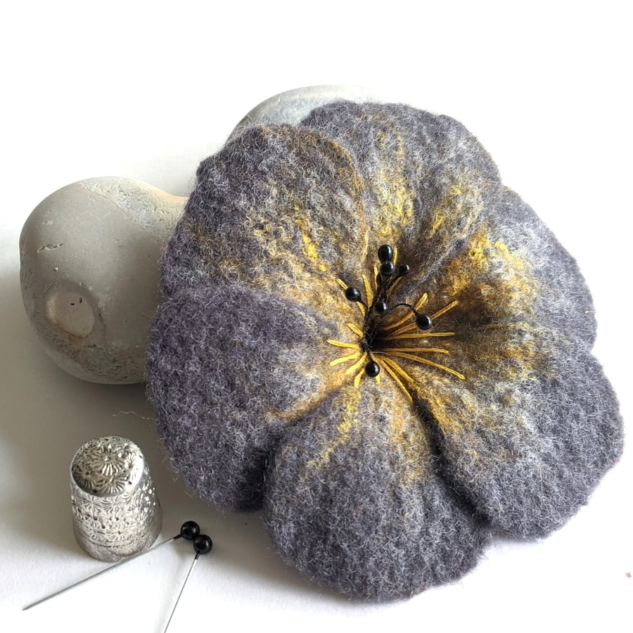 Large felted flower brooch - grey and yellow.