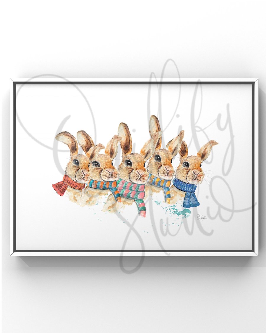 Watercolour Art Print - The Scarf Squad Rabbits Berry Kale Chomp Fennel & Fig