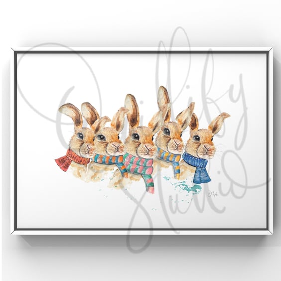Watercolour Art Print - The Scarf Squad Rabbits Berry Kale Chomp Fennel & Fig