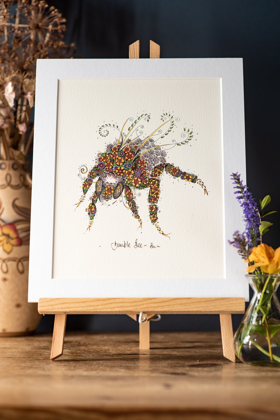 Bumble Bee floral print 12 x 10” 