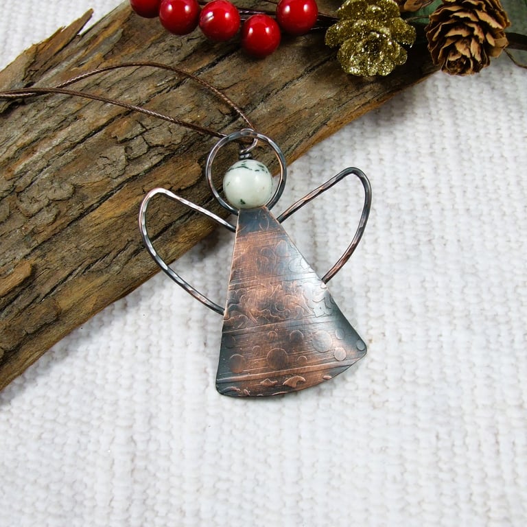 Angel Hanging Decoration. Copper with White Agate Gemstone