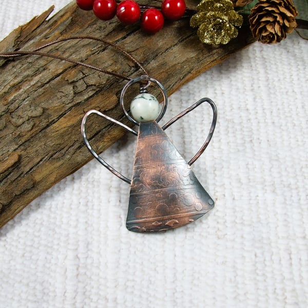 Angel Hanging Decoration. Copper with White Agate Gemstone