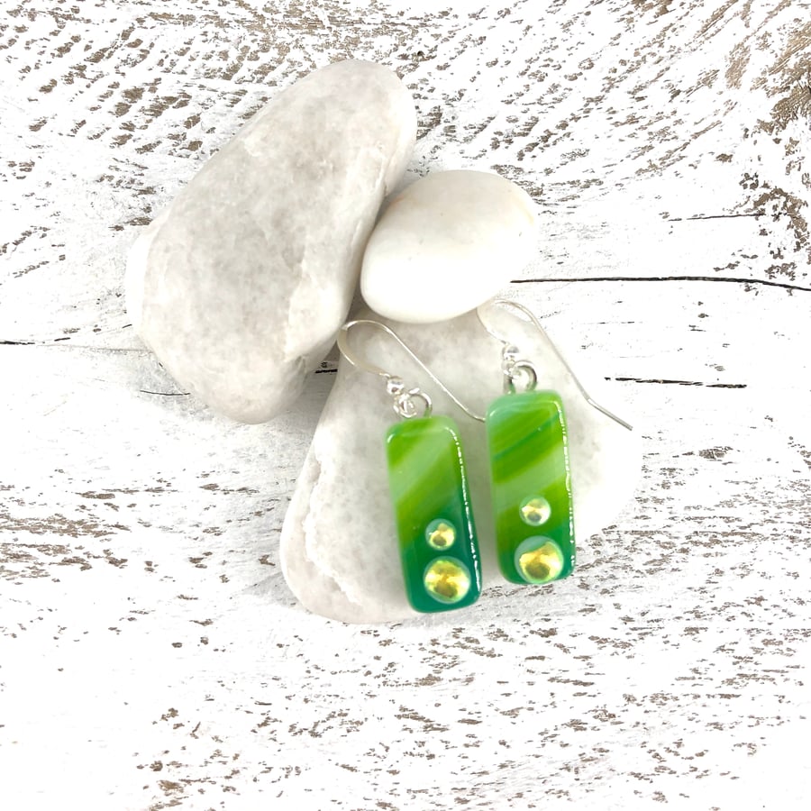 Gorgeous Green Glass Drop Earrings with Dichroic Detail on Silver Wires