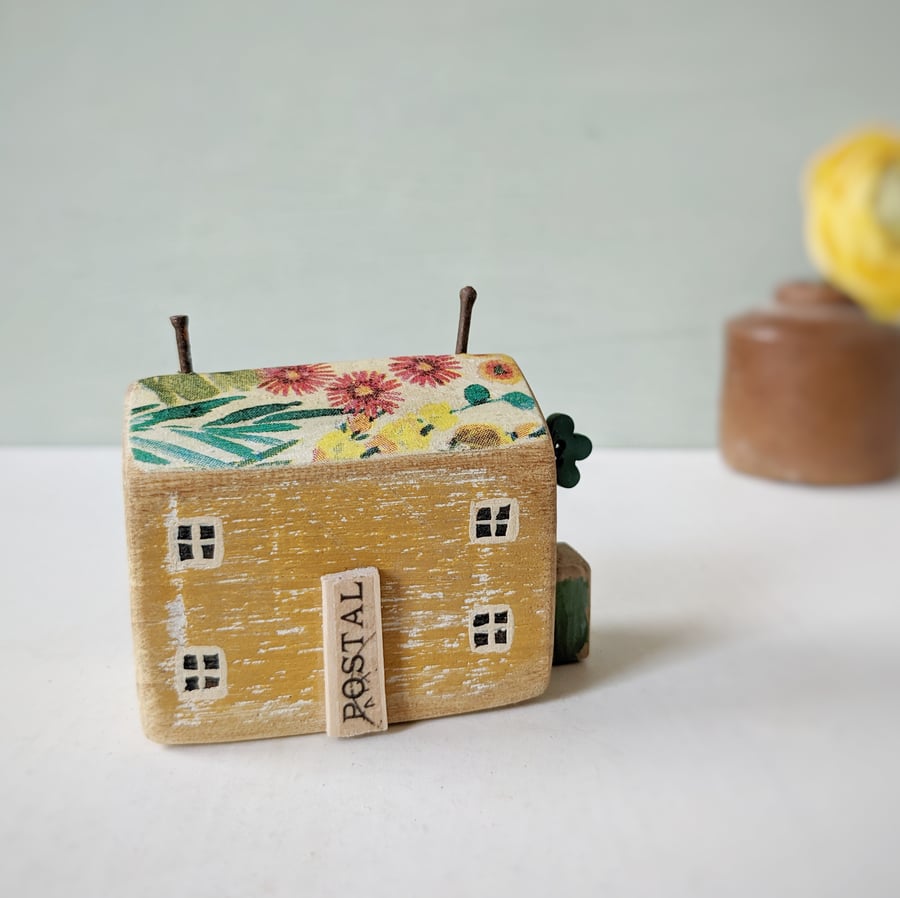 Little Handmade Wooden House with Teeny Button Flower Garden