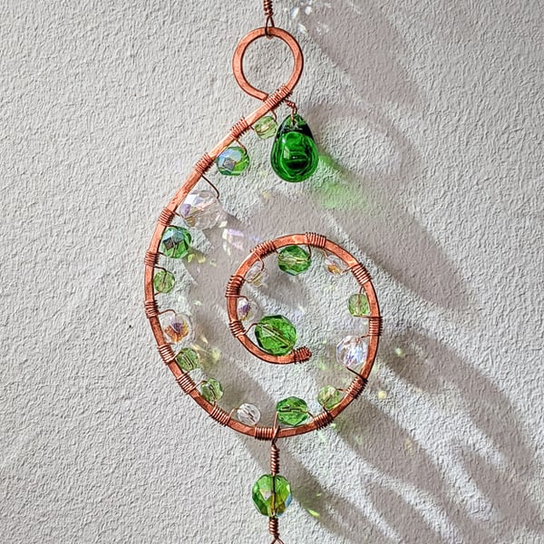 Pretty Green and Copper spiral suncatcher handmade wirewrapped 