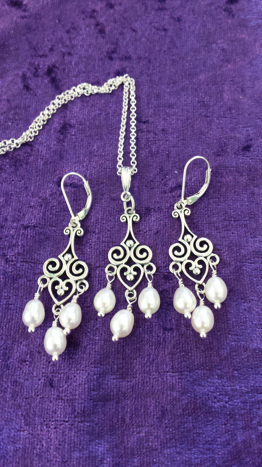Freshwater Pearl and Sterling Silver Antique Style Necklace and Earring Set