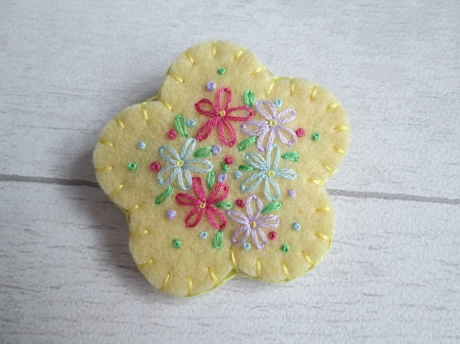 SOLD - Hand Embroidered Lemon Yellow Felt Flower Brooch