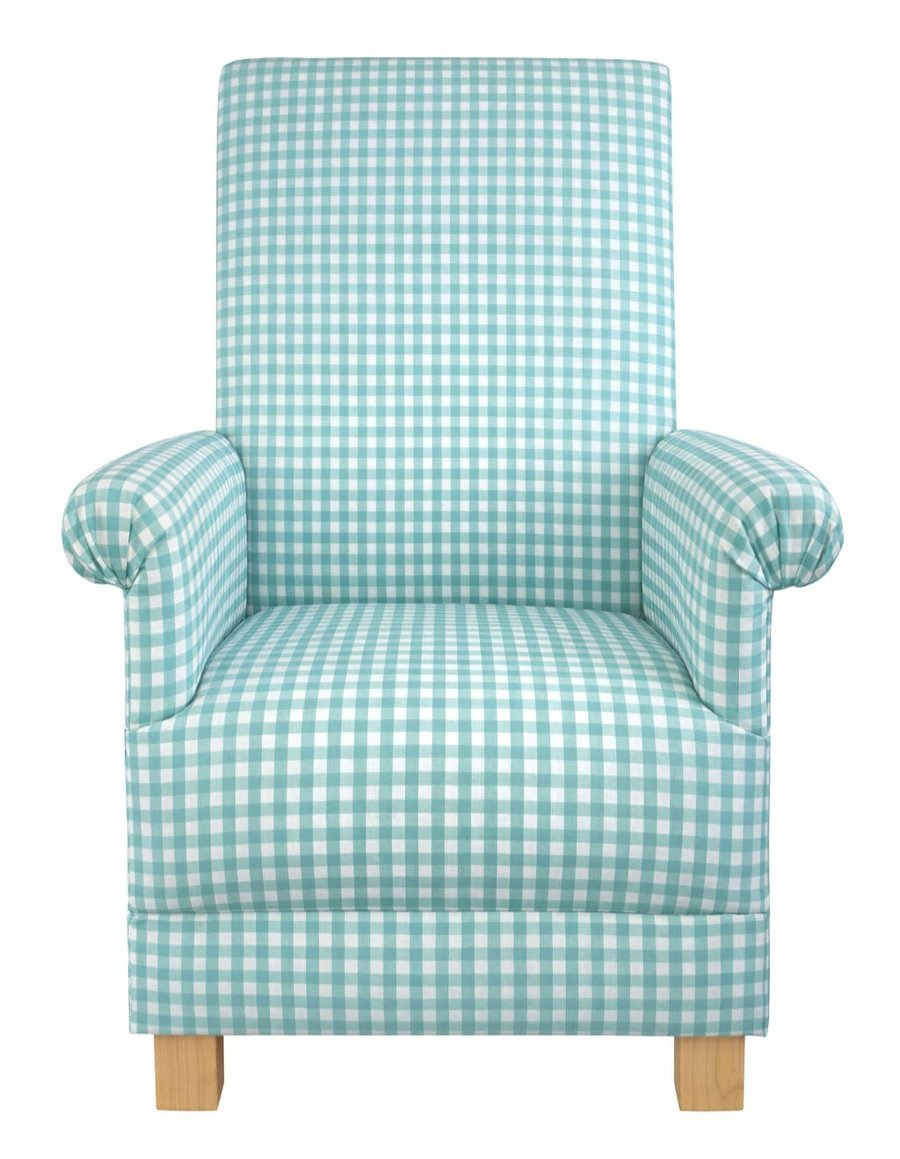 Aqua Gingham Fabric Adult Armchair Chair Checked Accent Duck Egg Nursery Small