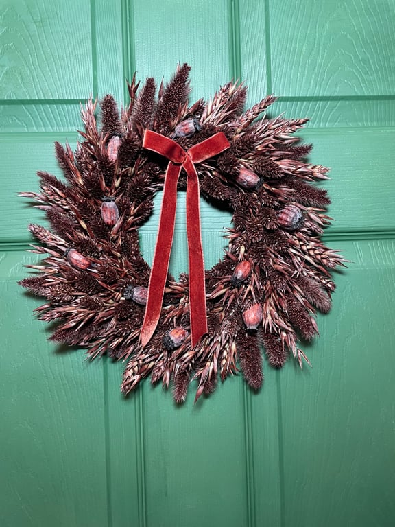 30cm Autumn Dried Wreath & Rust Velvet Ribbon – Fall Harvest Home Decor