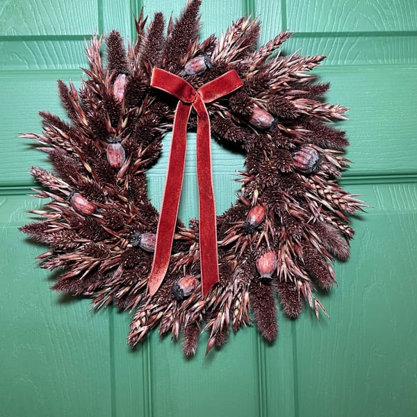 30cm Autumn Dried Wreath & Rust Velvet Ribbon – Fall Harvest Home Decor