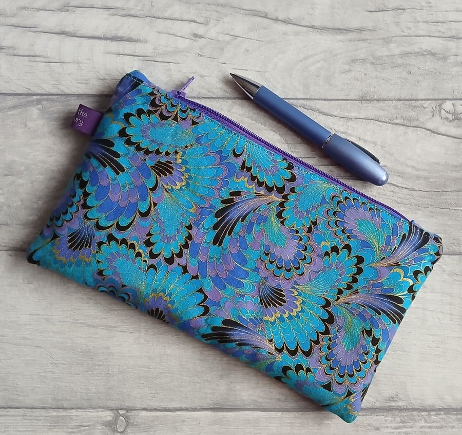 Blue and Purple Marbled Effect Zip Top Storage Bag, Make Up Bag, Pencil Case