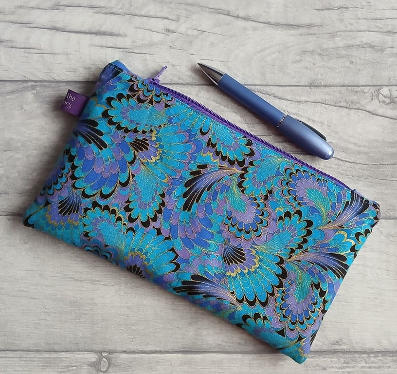 Blue and Purple Marbled Effect Zip Top Storage Bag, Make Up Bag, Pencil Case
