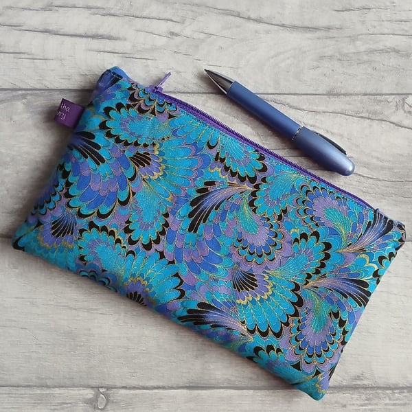 Blue and Purple Marbled Effect Zip Top Storage Bag, Make Up Bag, Pencil Case