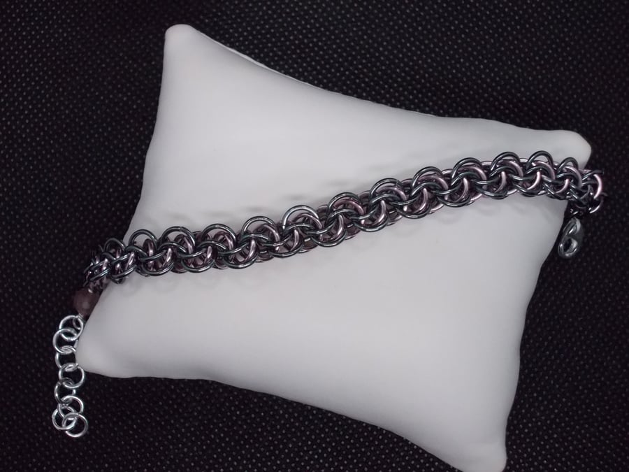 Black and pink backbone weave chainmaille bracelet