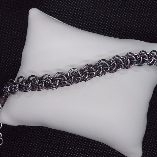 Black and pink backbone weave chainmaille bracelet