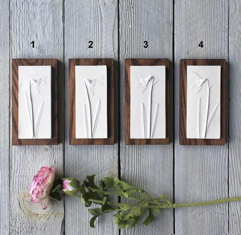 Snowdrop Mini Plaster Cast Wall Plaque on Wood