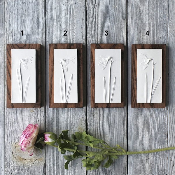 Snowdrop Mini Plaster Cast Wall Plaque on Wood