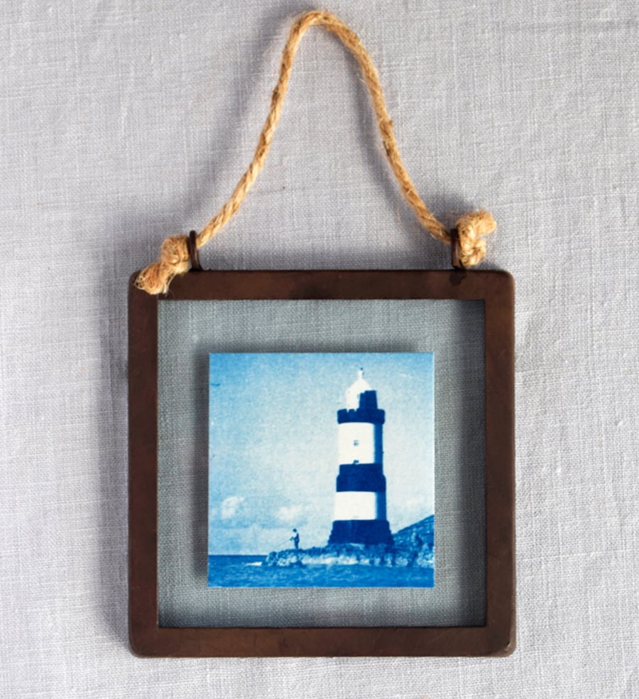 Lighthouse Cyanotype in industrial style metal and glass square frame 