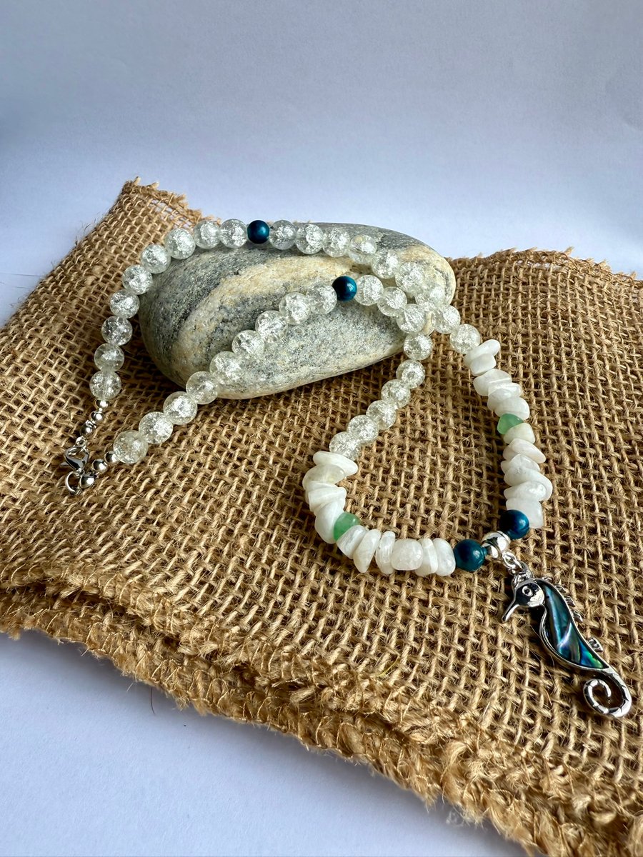 Natural Moonstone, Aventurine, Tiger Eye and Abalone Seahorse Choker