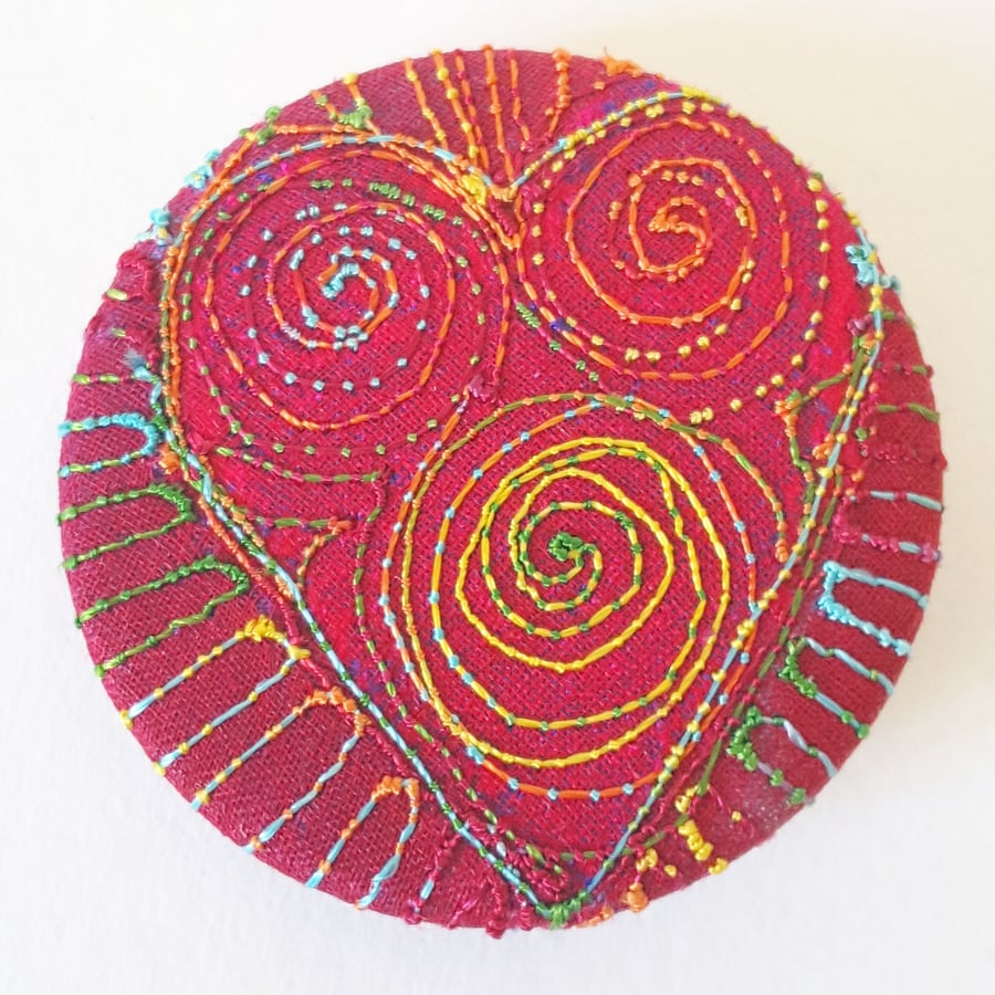 38mm Hand Dyed Fabric Badge with Free Machine Embroidery 