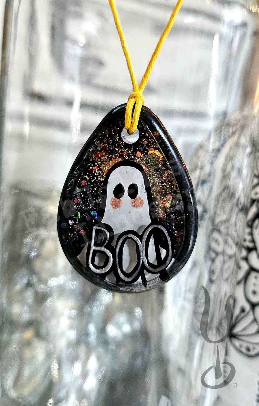 Handmade 'BOO' ghost necklace -hand painted ghost with glitter set in resin